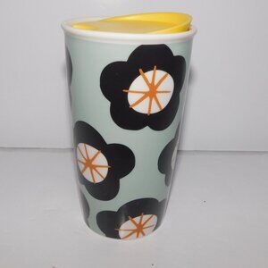 Starbucks Spring Green Black White Floral Ceramic Travel Tumbler Yellow lid